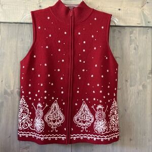 Talbots Women's L Merino Wool Holiday Christmas Sweater Vest Zipper Red Snowman